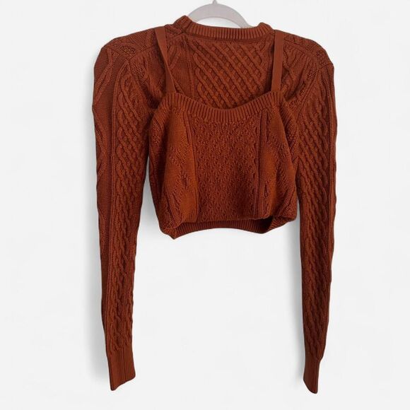 Sky to the Moon Rust Fisherman Cropped Faux 2-Piece Sweater Indie Knit (Size S) - Picture 3 of 7